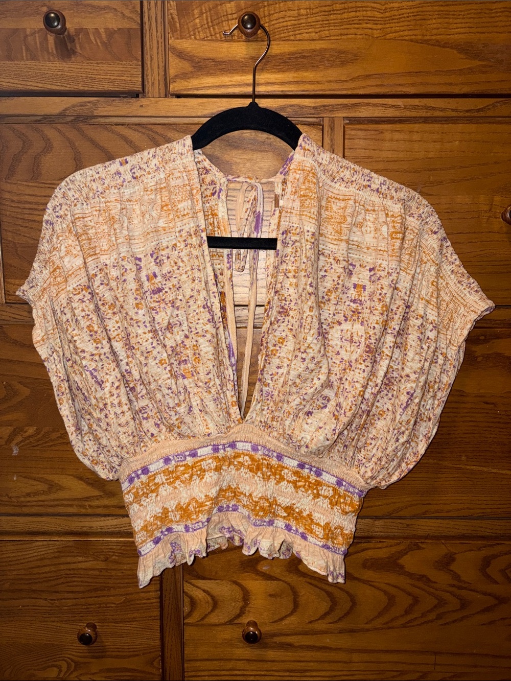 Free People Cream Floral Smocked Crop Top with Lavender and Orange Accents